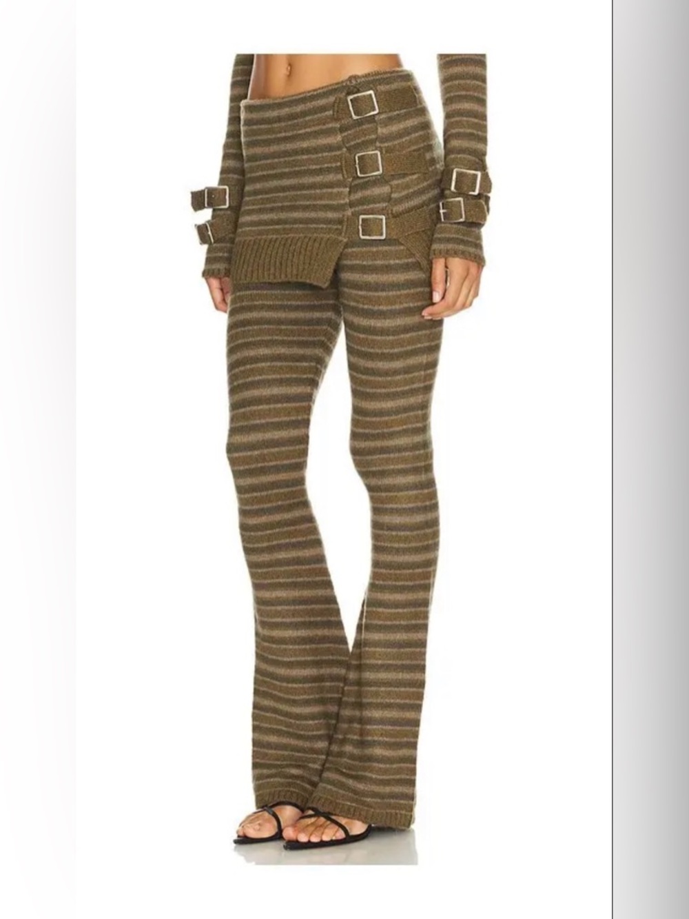 Jaded London Striped Knit Flared Pants Skirt in Olive Brown - Picture 3 of 15
